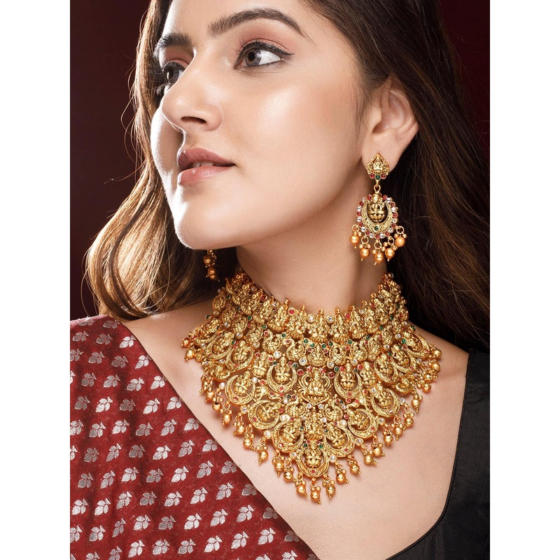 Rubans 22K Gold Plated Red, Green & White Stone Studded Lakshmi Motif Temple Jewellery Set