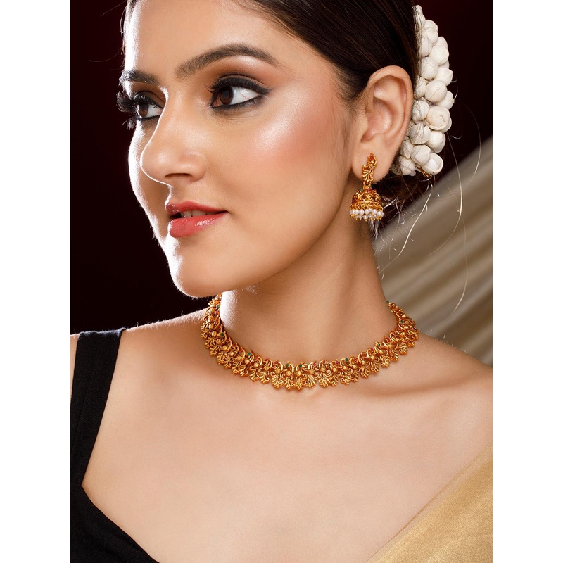 Rubans 22K Gold-Plated Ruby Red & Emerald Green Stone Studded Brass Necklace Jewellery Set