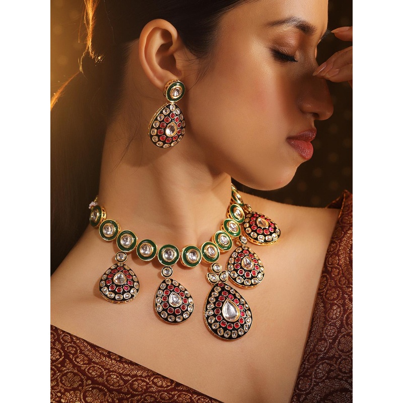 Rubans 24K Gold-Plated Green & Black Enamel Border Ruby Pink & White Kundan Necklace Set