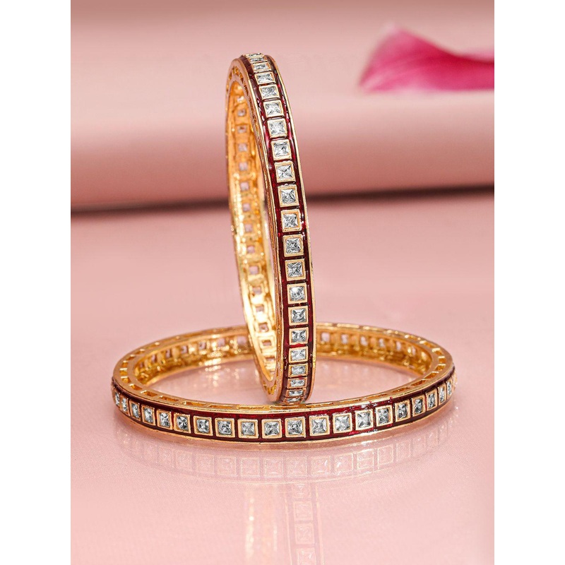 Rubans Set of 2, 22K Gold-Plated Red-Border Square-Cut White CubicZirconia Studded Bangles