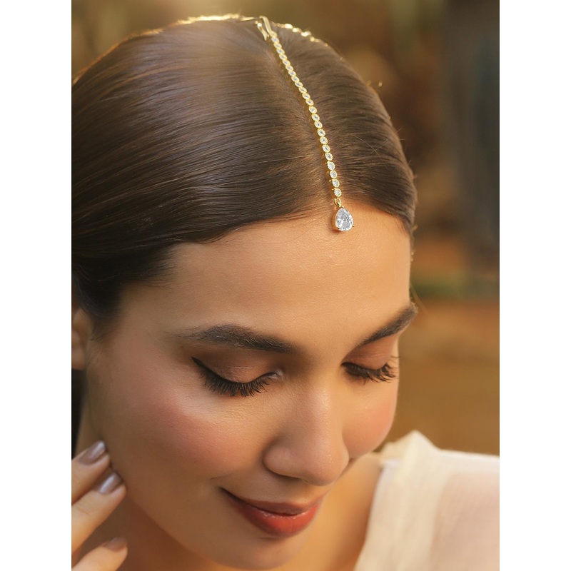 Rubans Stylish 22KT Gold Plated Cubic Zirconia Studded & AD Drop Handcrafted Maang Tikkas