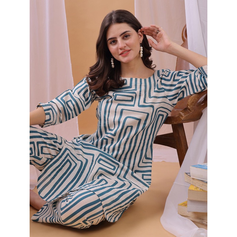 Saanjh Printed Round Neck Tunic With Trousers Co-Ords