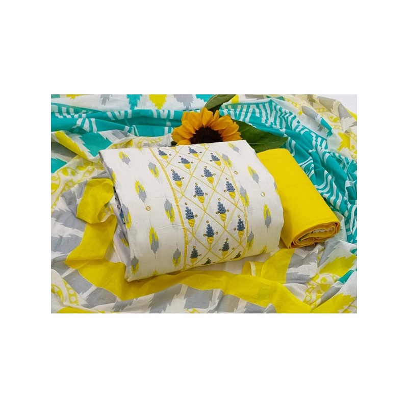 SALWAR STUDIO White & Yellow Printed Pure Cotton Unstitched Dress Material