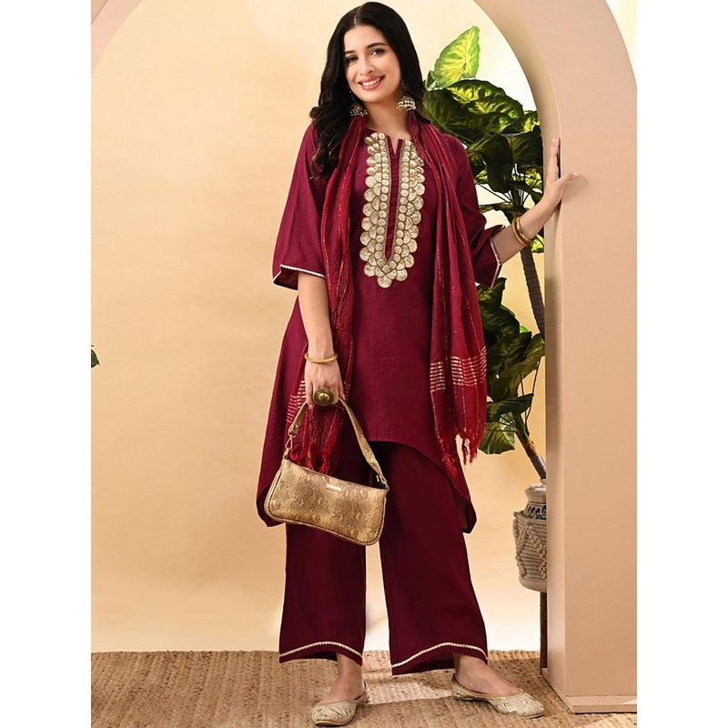 Sangria Embroidered Keyhole Neck Bell Sleeves Kurta & Palazzos Set with dupatta