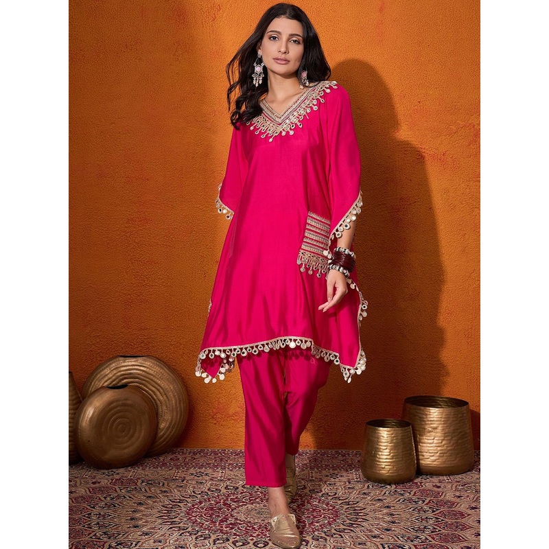 Sangria Embroidered  V-Neck Mirror work Kaftan With Trousers