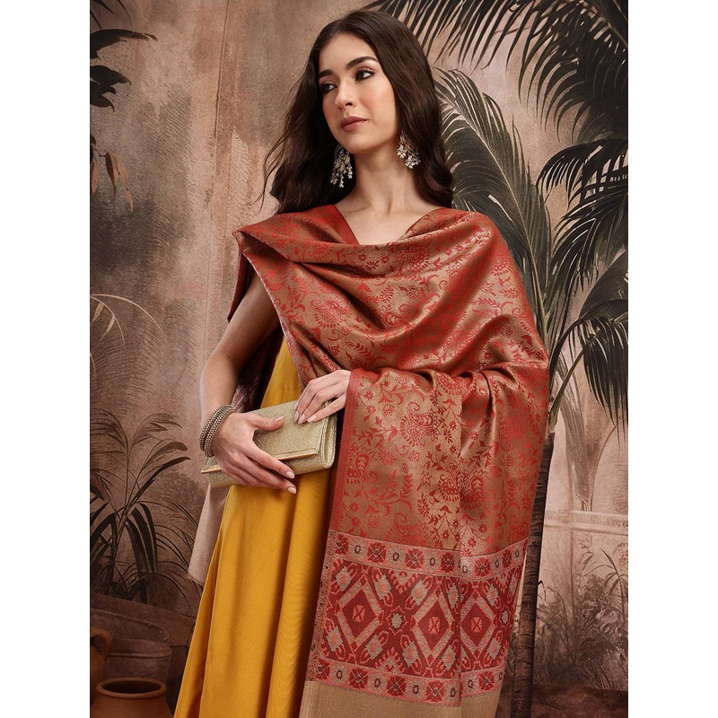 Sangria Ethnic Motifs Woven Design Shawl with Fringed Border