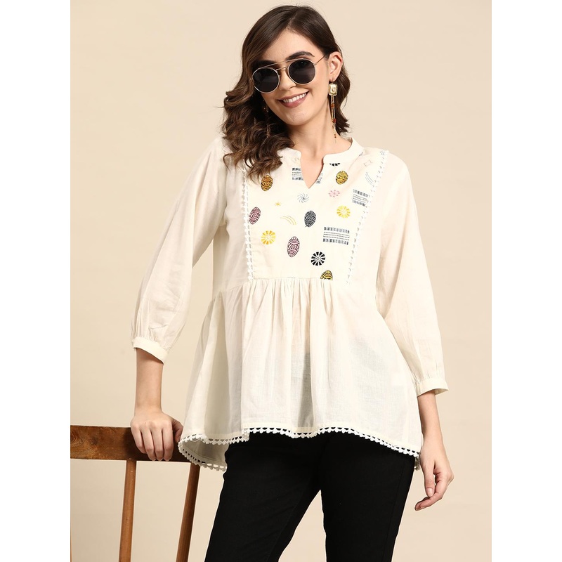 Sangria Ethnic Motifs Yoke Design Pure Cotton Short Kurti