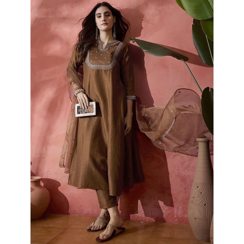 Sangria Floral Embroidered Sequinned  A-Line Kurta With Trousers & Dupatta