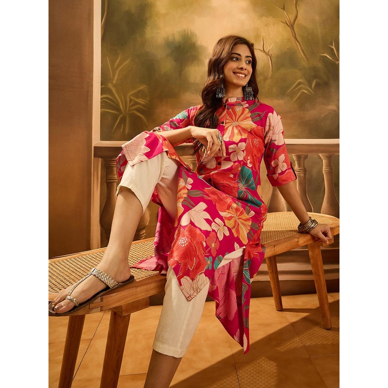 Sangria Floral Printed Mandarin Collar A-line Kurta