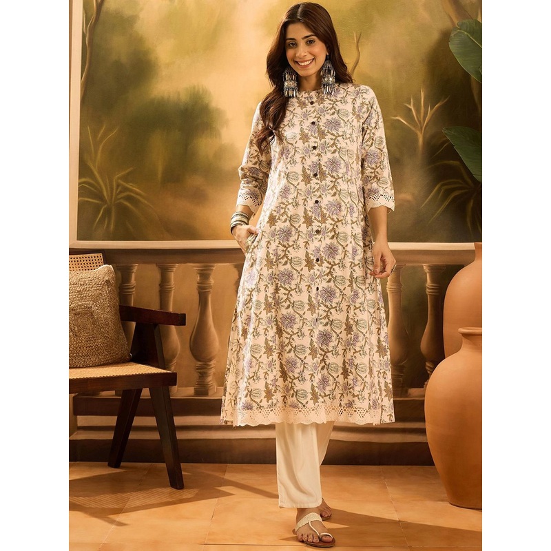 Sangria Floral Printed Mandarin Collar Cotton A-Line kurta