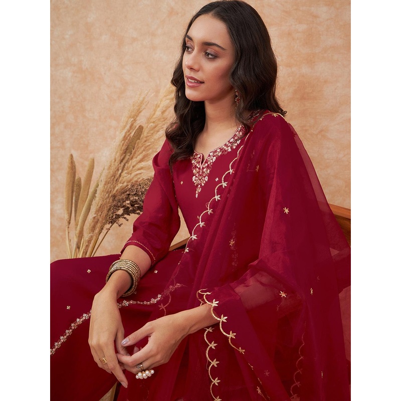Sangria Maroon Floral Embroidered Straight Kurta With Trousers & Dupatta