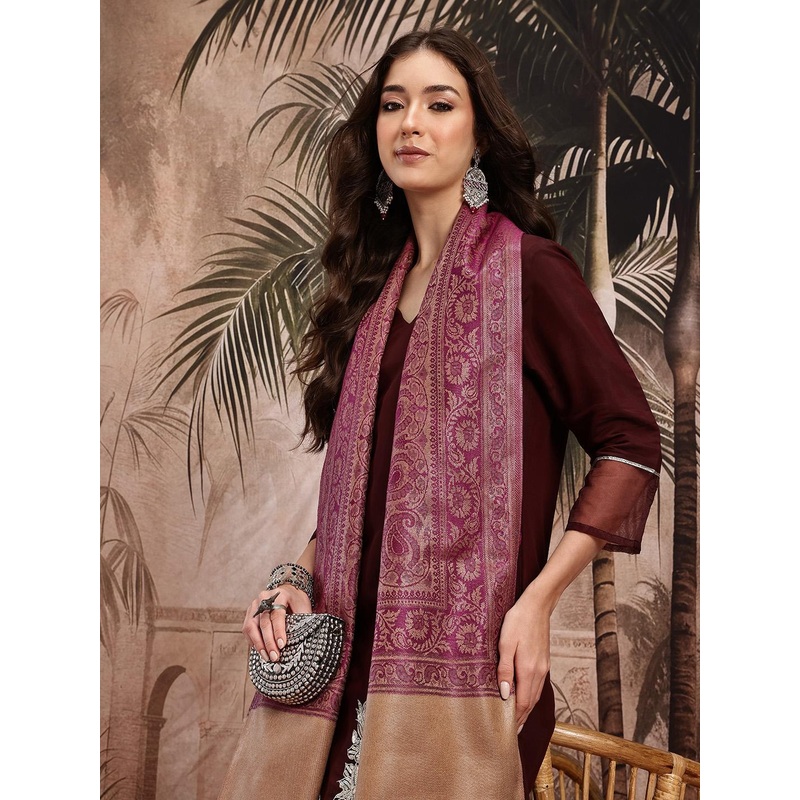 Sangria Paisley Woven Design Shawl with Fringed Border