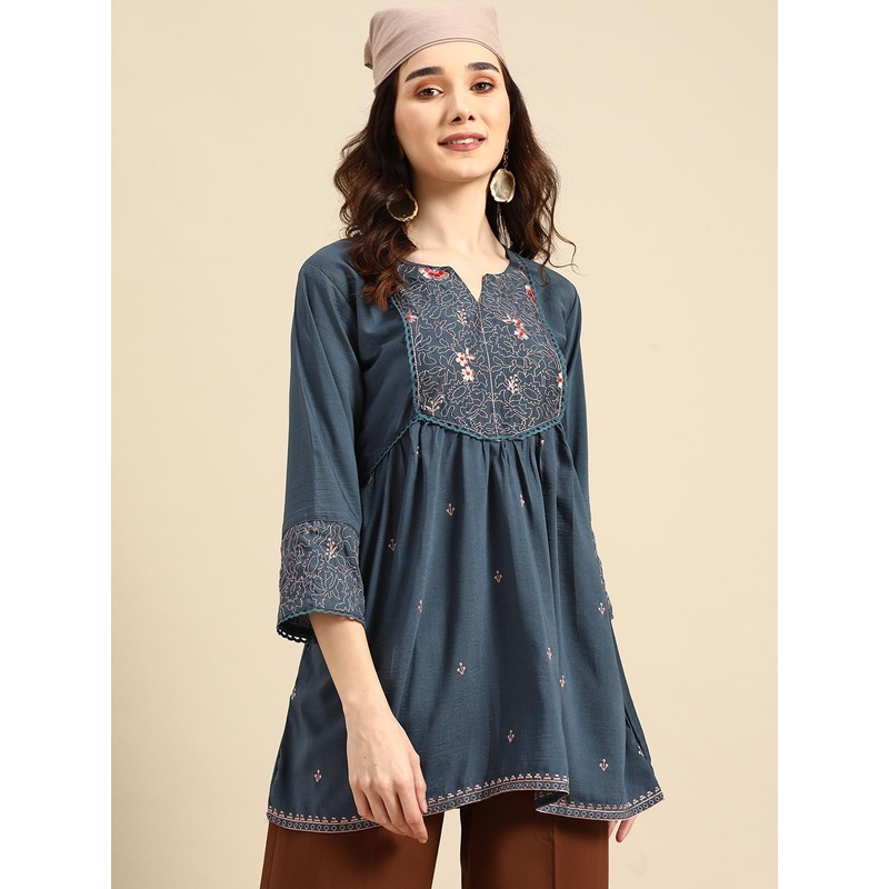 Sangria Teal Blue Embroidered Longline Top