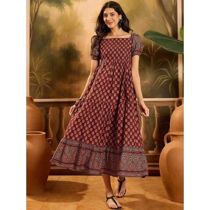 Sangria Women Ethnic Motifs Printed Gathered Cotton Empire Dress