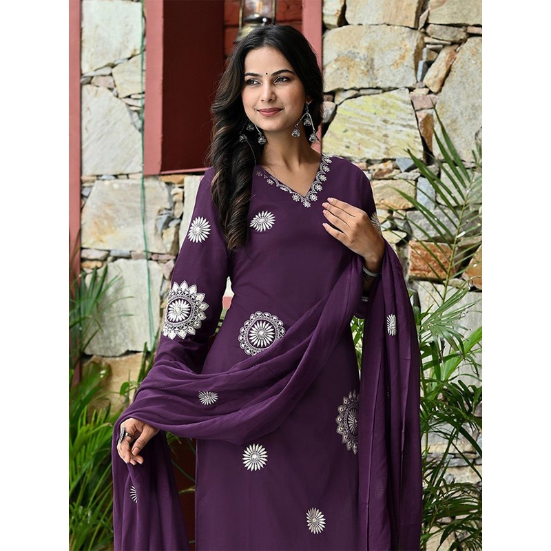 SANISA Floral Embroidered Straight Thread Work Kurta With Trouser & Dupatta