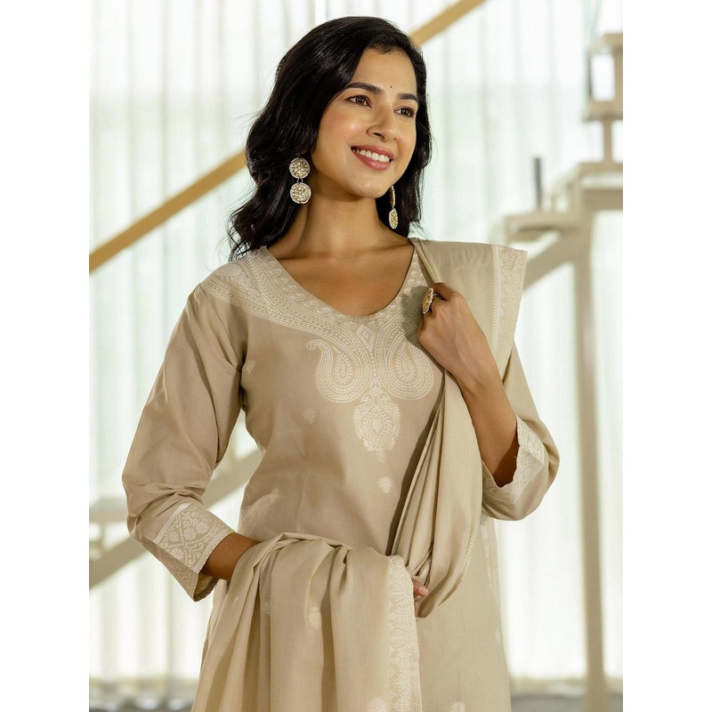 SANISA Women Beige Cotton Blend Kurta Sets