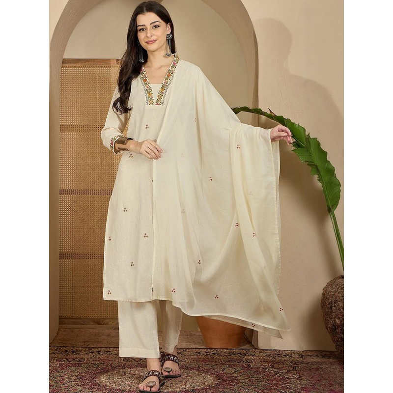 SANISA Women Floral Embroidered Regular Thread Work Kurta with Trousers & With Dupatta