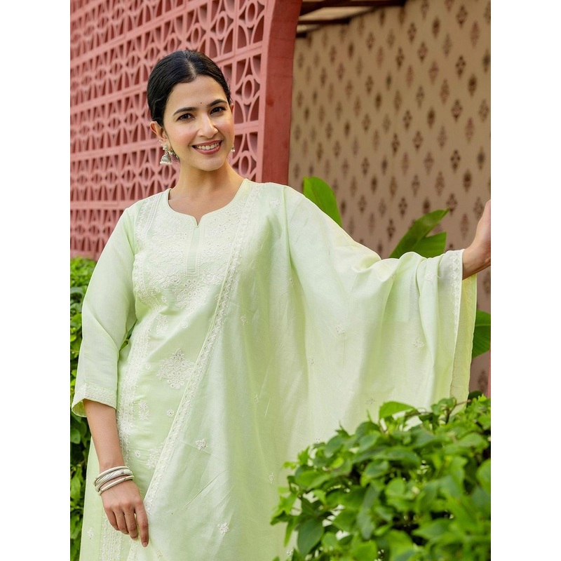 SANISA Women Light Green Silk Blend Ethnic Motifs Embroidered Kurta With Trouser & Dupatta