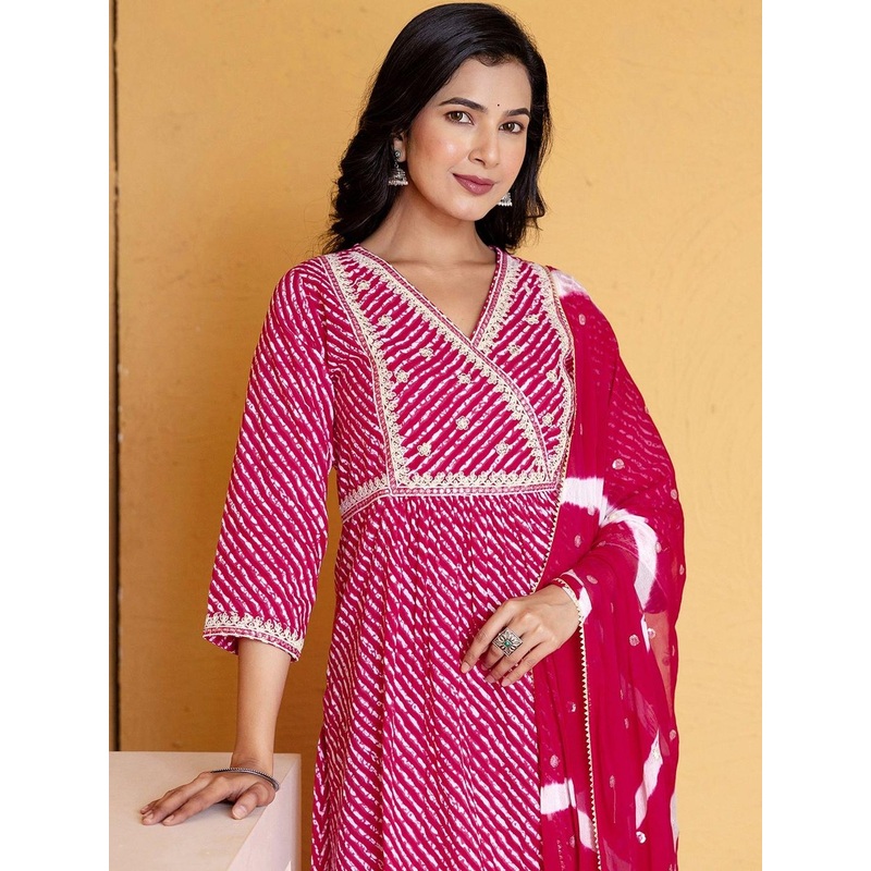 SANISA Women Printed Angrakha Gotta Patti Kurta with Trousers & Dupatta