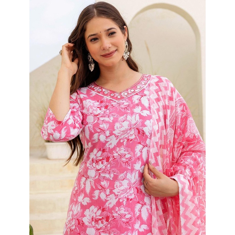 SANISA Women’s Pink, White Cotton Printed Straight Kurta Trousers With Dupatta