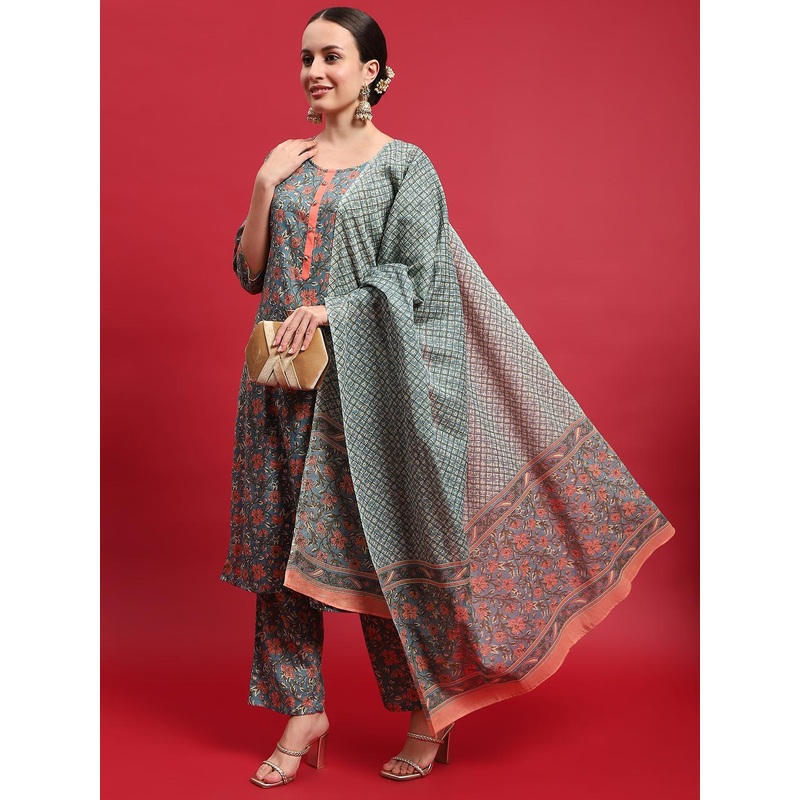 Shree Floral Printed Pure Cotton Straight Kurta with Trousers & Dupatta