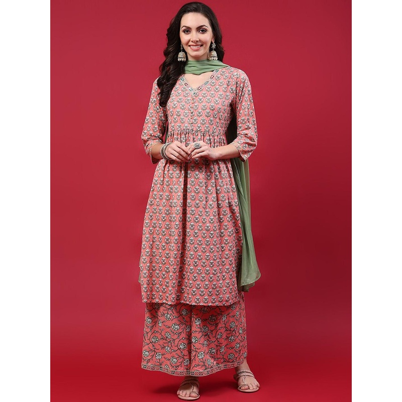 Shree Floral Printed Sequinned Pure Cotton Anarkali Kurta With Palazzos & With Dupatta
