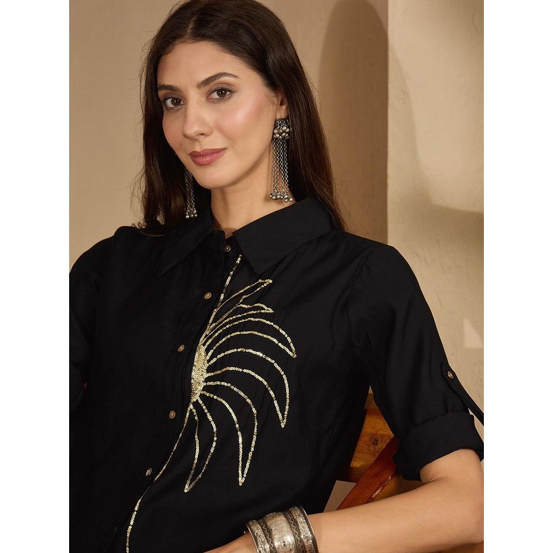 Skylee Pop Floral Embroidered Shirt Collar Sequinned Straight Kurti With Trouser