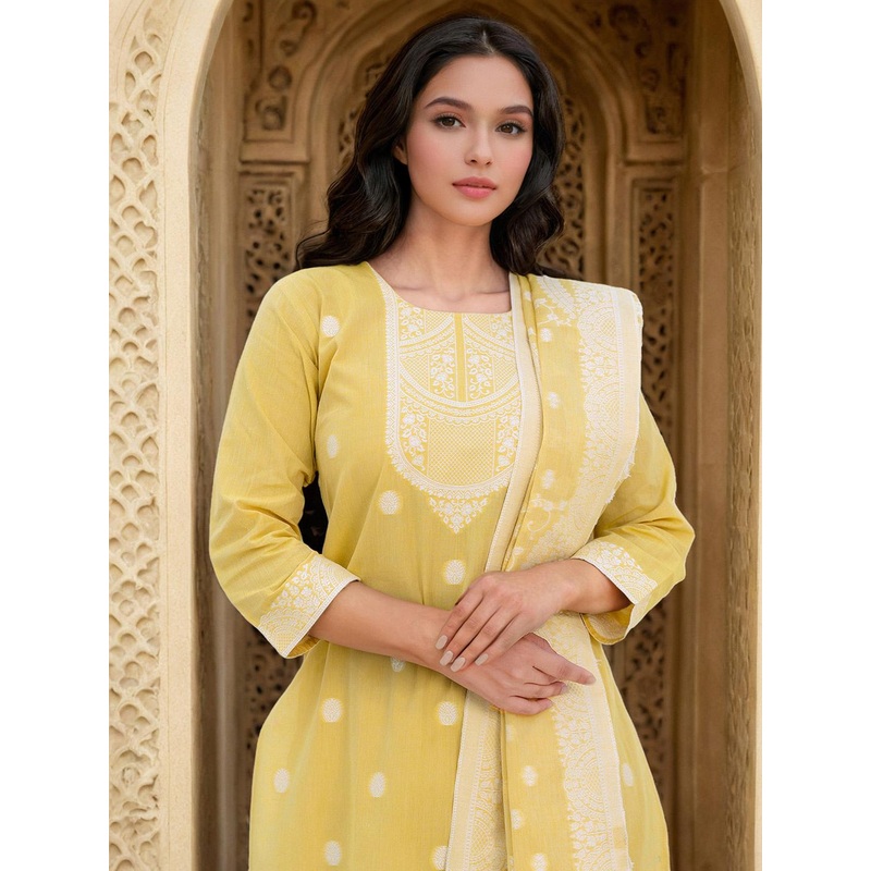 Skylee Pop Floral Woven Design Straight Kurta With Trousers & Dupatta