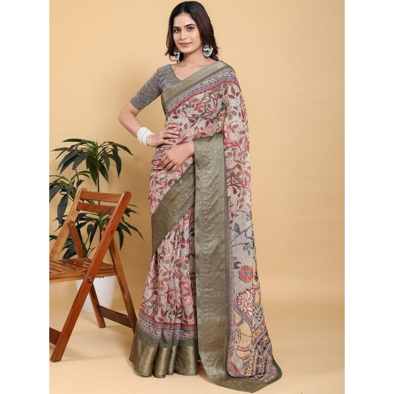 Suraj pari singh Kalamkari Printed Zari Pure Linen Saree