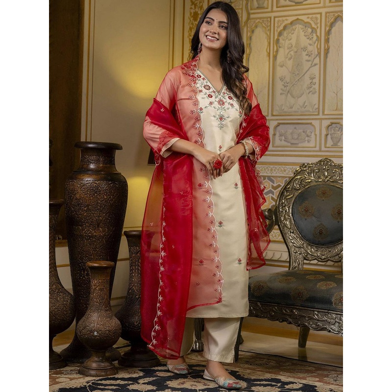 VredeVogel Floral Embroidered V-Neck Regular Straight Kurta With Trouser With Dupatta
