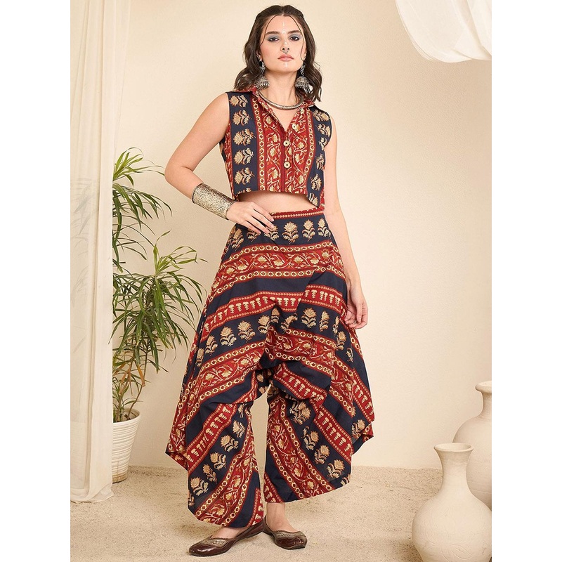 WineRed Printed Sleeveless Shirt Collar Pure Cotton Crop Shirt With Harem Pant