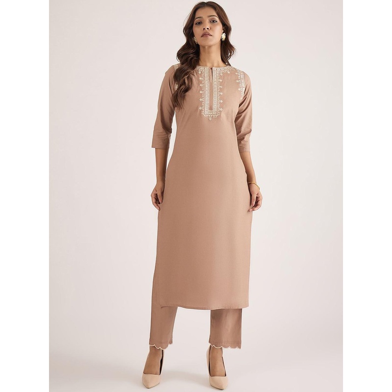 WineRed Women Ethnic Motifs Embroidered Regular Pure Cotton Kurta with Trousers