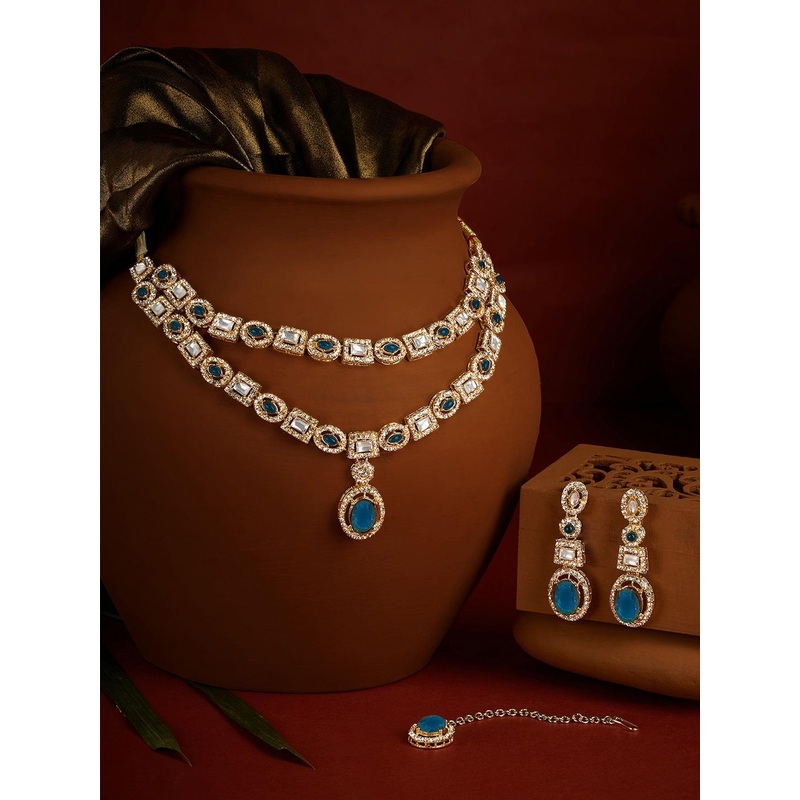 Zaveri Pearls Gold-Plated American Diamond Stone Studded Layered Jewellery Set