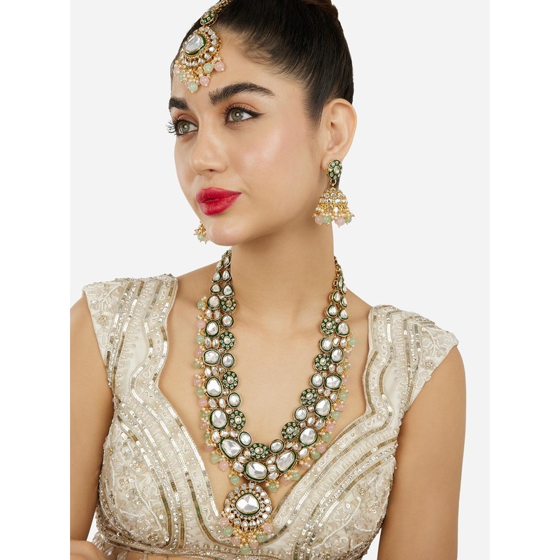 Zaveri Pearls Gold-Plated Stones Studded & Beaded Meenakari Jewellery Set