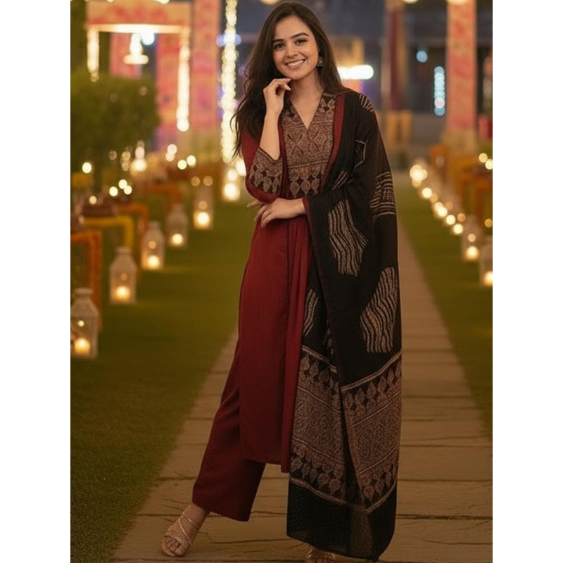 Aaghnya Women Ethnic Motifs Printed V-Neck Viscose Rayon Kurta With Palazzo & Dupatta