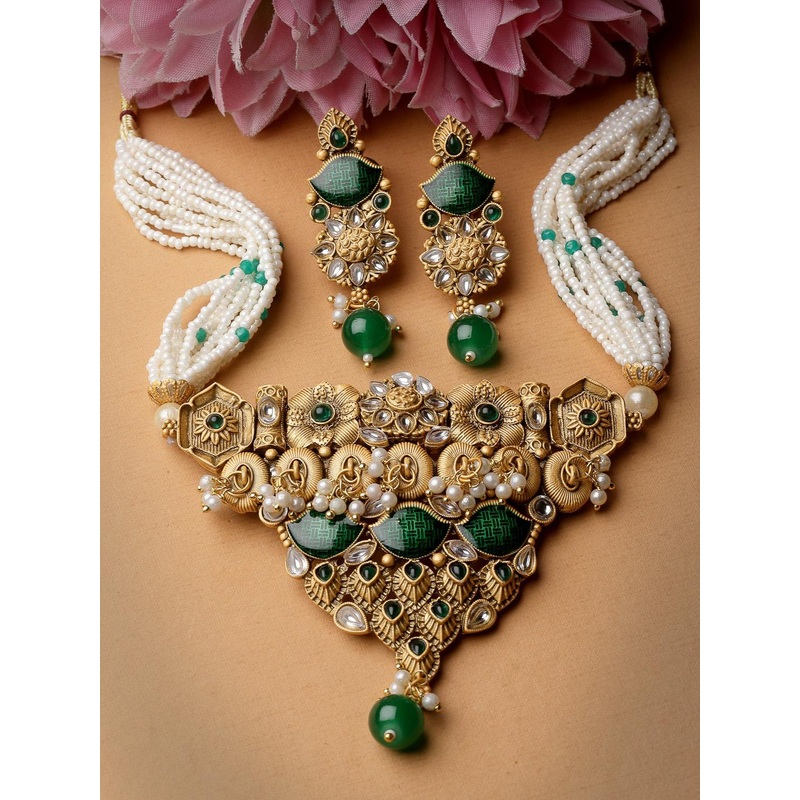 ADIVA Gold-Plated Kundan-Studded & Beaded Jewellery Set