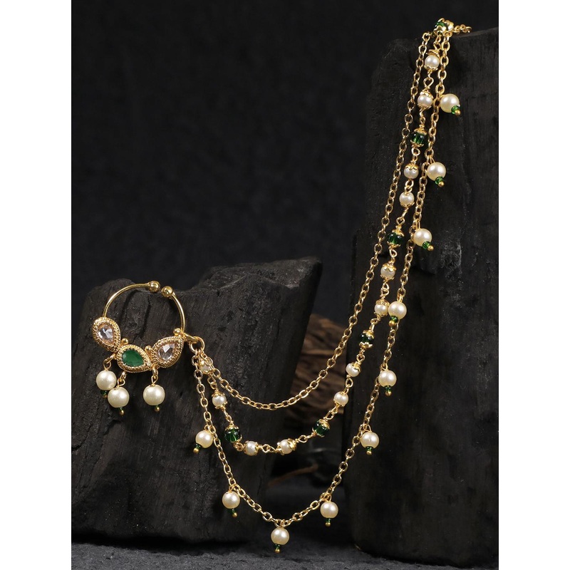 Adwitiya Collection Gold-Plated Green Stone-Studded & Beaded Chained Nose Ring