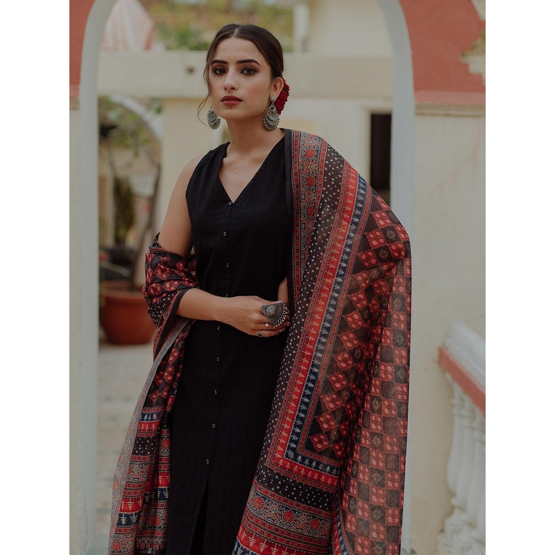 anayna Women Black Ethnic Motifs Pure Cotton Kurta with Palazzos & Dupatta