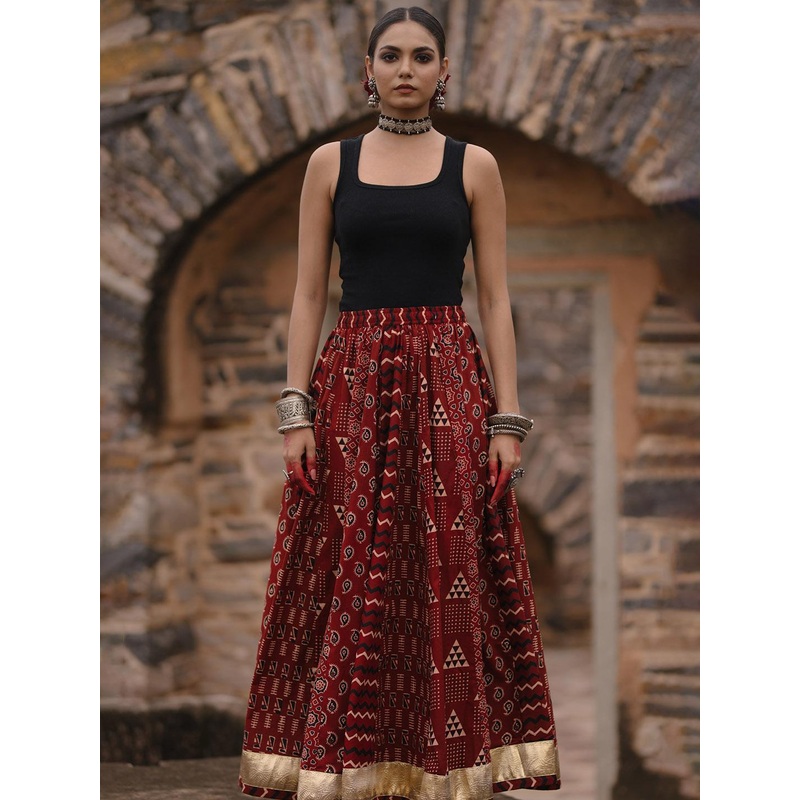 Anayna Women Printed A-Line Flared Cotton Maxi Skirt