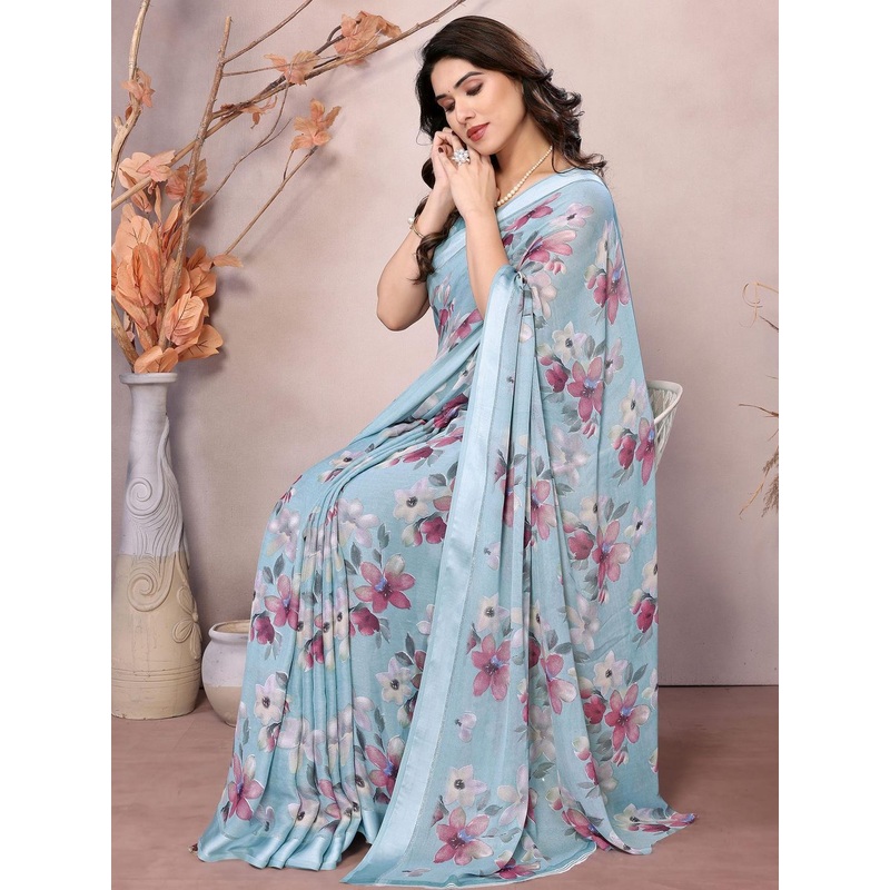 Anouk Floral Printed Zari Border Saree With Blouse Piece
