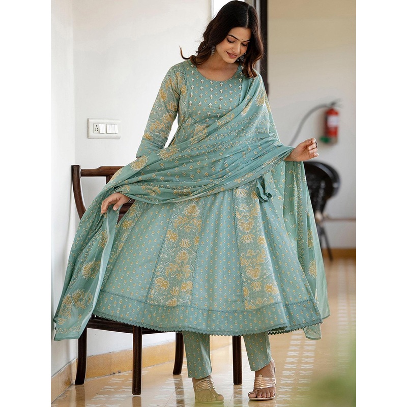 Anouk Green Floral Printed Panelled Pure Cotton Anarkali Kurta With Trousers & Dupatta