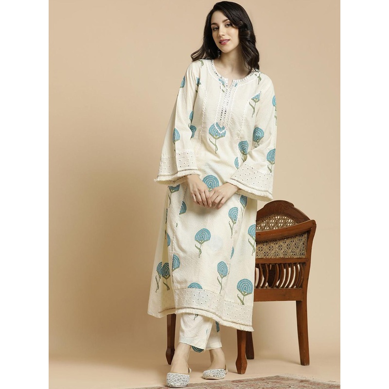 Anouk Off-White & Blue Floral Printed Notch Neck Thread Work Cotton A-Line Kurta & Trouser