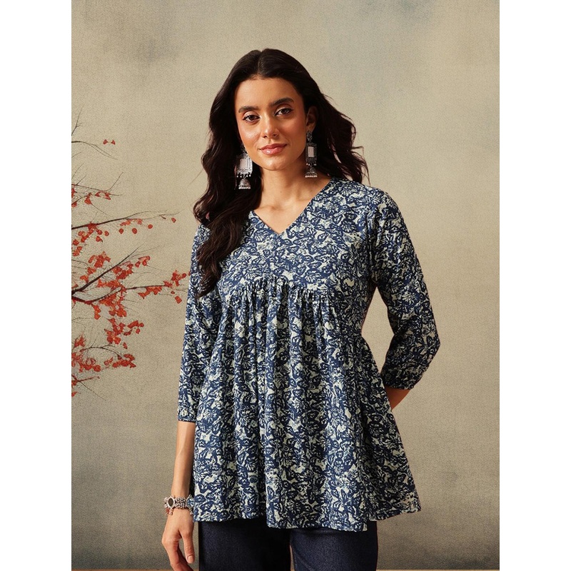 FEMBLISS Floral Embroidered V-Neck Pure Cotton Empire Kurti