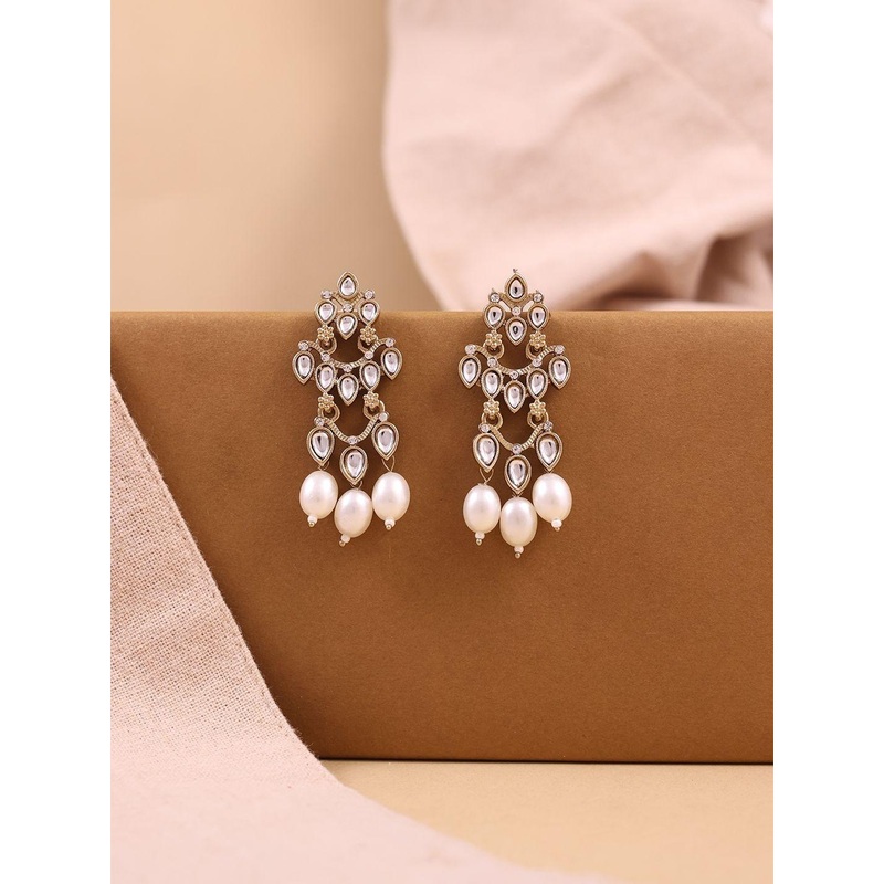 Fida Gold-Plated Kundan Studded & Pearls Beaded Teardrop Shaped Drop Earrings