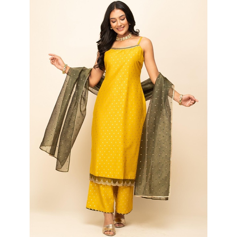 FIORRA Ethnic Motifs Printed Shoulder Straps Zari Straight Kurta With Palazzos & Dupatta