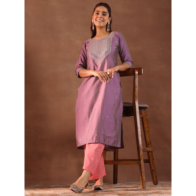 Gerua By Libas Women Floral Embroidered Round Neck Silk Straight Kurta