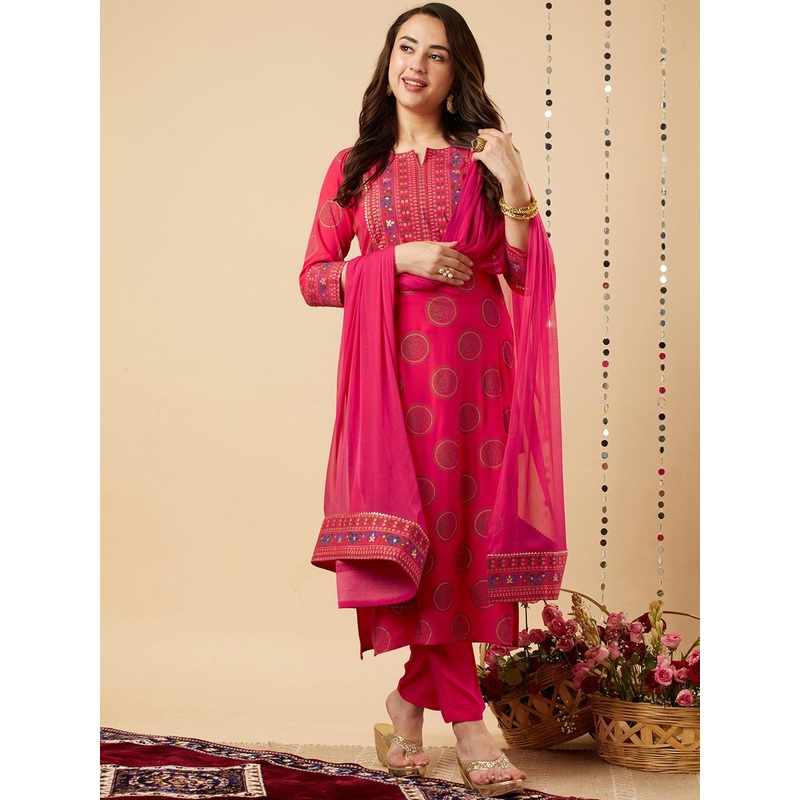 GoSriKi Ethnic Motifs Yoke Design Gotta Patti Kurta With Trousers & Dupatta