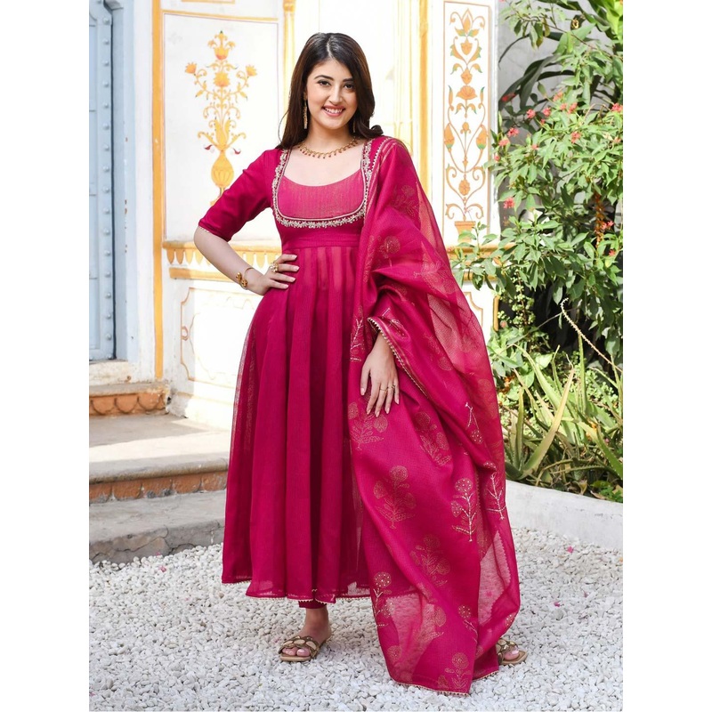 GoSriKi Thread Work Anarkali Kurta With Trouser & Dupatta