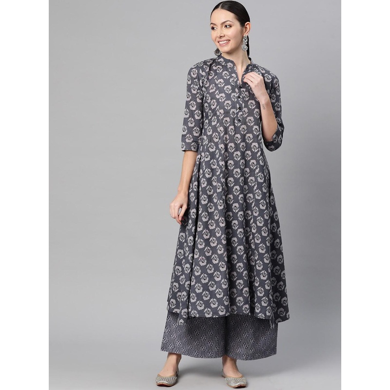 Indibelle Floral Printed Mandarin Collar Cotton Anarkali Kurta