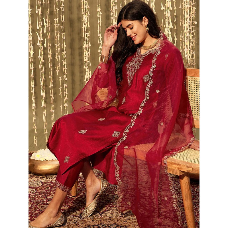 Indo Era Ethnic Motifs Embroidered Thread Work Kurta With Trousers & Dupatta